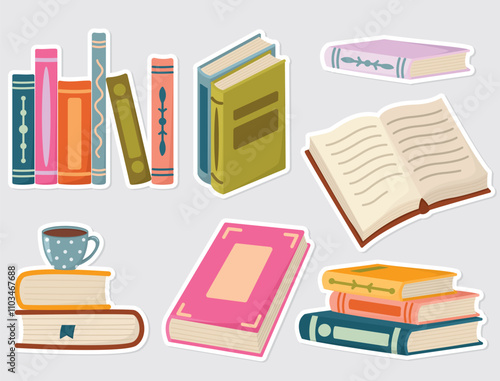 Set of stickers with colorful books isolated on gray background. Cute hand drawn illustration with printed literature.	