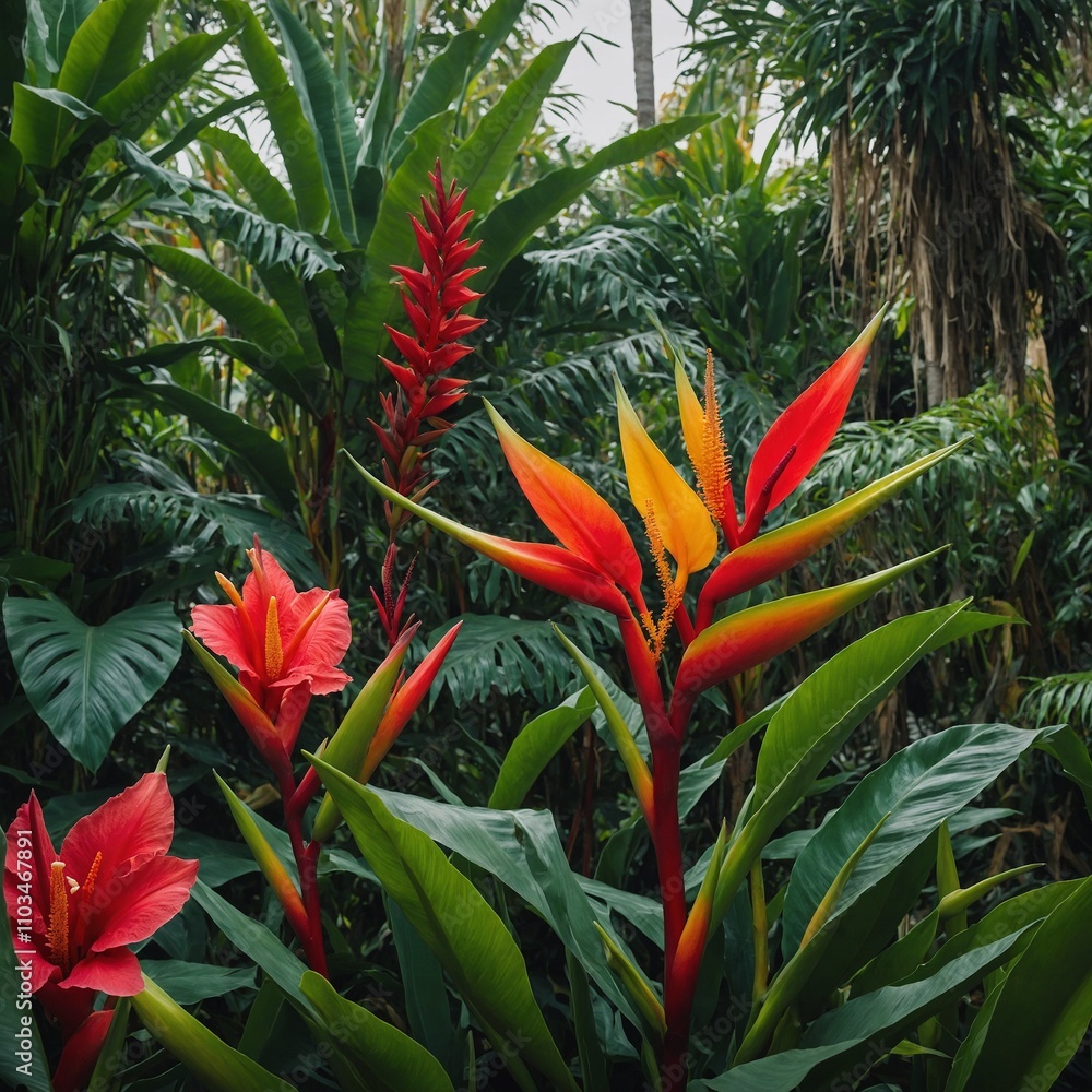 Obraz premium A vibrant tropical garden with heliconia and hibiscus.