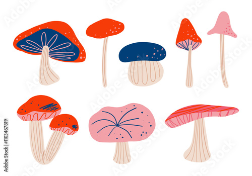 Collection of whimsical hand drawn mushroom. A set of eight artistic hand drawn mushrooms featuring whimsical caps and unique details, perfect for decoration, and creative nature-inspired projects