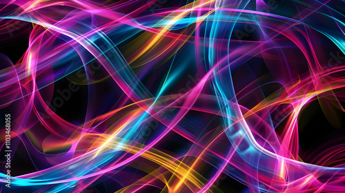 Abstract background with colorful stripes of neon light on a black background. Festive background.