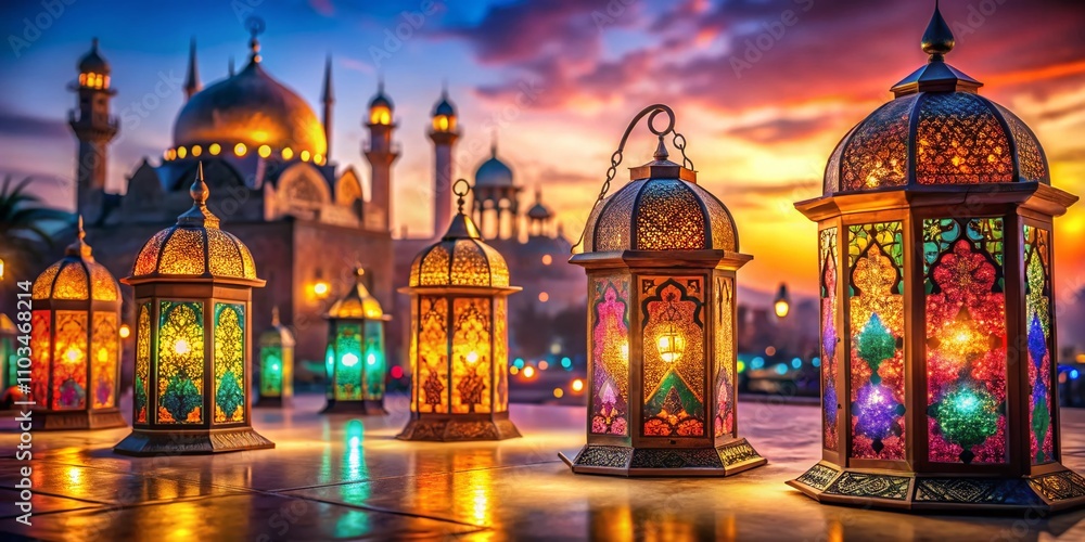 Obraz premium Celebrate Eid with a Beautiful Arabic Lantern and Stunning Islamic Background for a Captivating Documentary Photography Experience