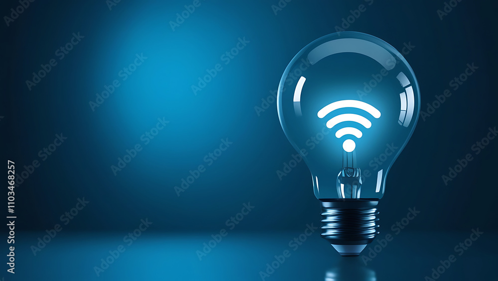 Light Bulb with Glowing Wi-Fi Symbol, Wi-Fi symbol, wireless technology, blue gradient background. Light bulb with wifi symbol is glowing on blue background Light Bulb with Glowing Wi-Fi Symbol, Wi-Fi symbol, wireless technology, blue gradient background. Light bulb with wifi symbol is glowing on blue background