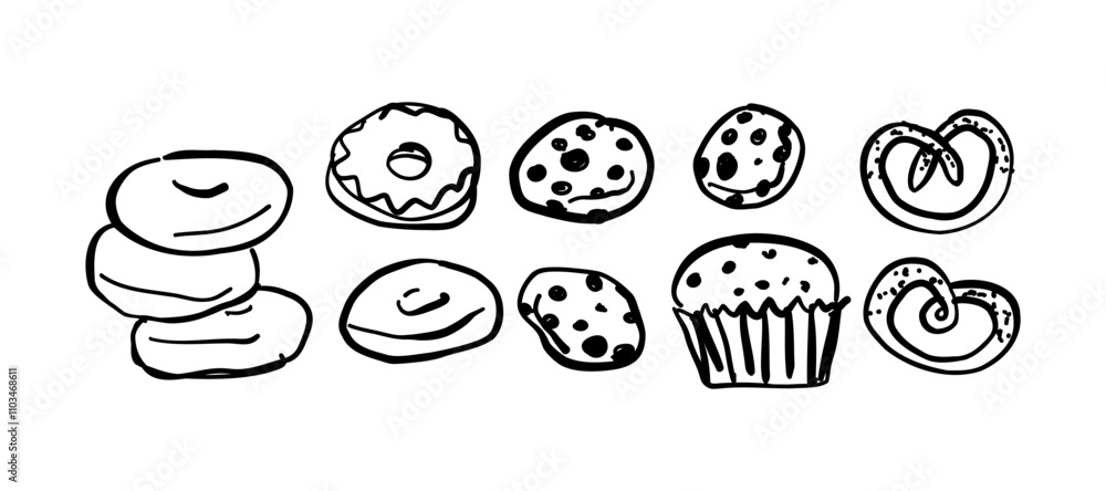 Doodle set with donuts, cookies, cupcakes and other sweets. Hand drawn vector illustration.