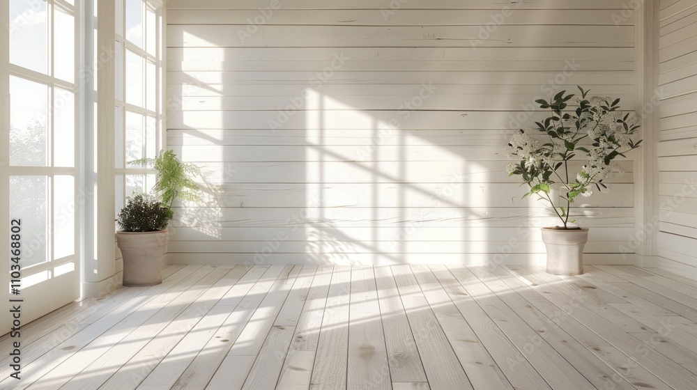 Bright, minimalistic interior with wooden floors and potted plants. Bright, minimalistic interior with wooden floors and potted plants.