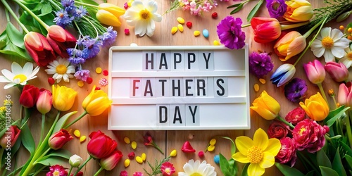 Celebrating Father's Day with a Lightbox Message Surrounded by Vibrant Spring Flowers in a Warm and Inviting Atmosphere Perfect for Family Gatherings and Special Occasions