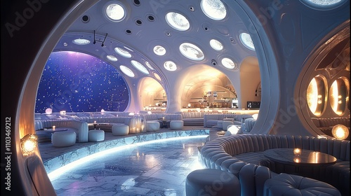 High end immersive night club that looks like the moon, chic, glamorous and futuristic. photo