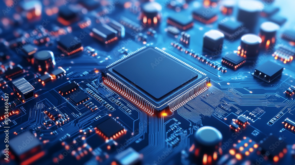 Obraz premium Abstract digital circuit board in blue. Cyber background. Futuristic microchip processor concept. Artificial intelligence web banner. 3D illustration blue technology vector illustration.