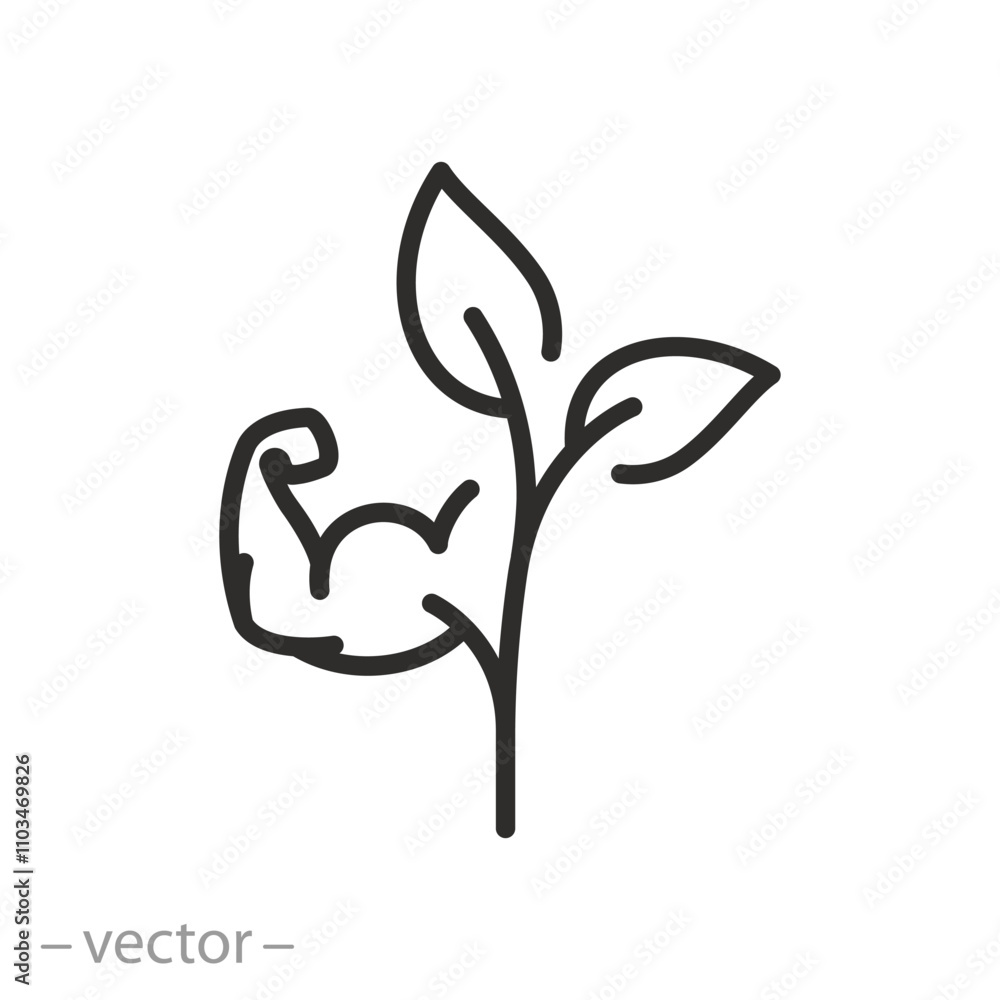 strong plant icon, arm and leaf, plant growth force, fertilizer for seedlings, thin line symbol - editable stroke vector illustration strong plant icon, arm and leaf, plant growth force, fertilizer for seedlings, thin line symbol - editable stroke vector illustration