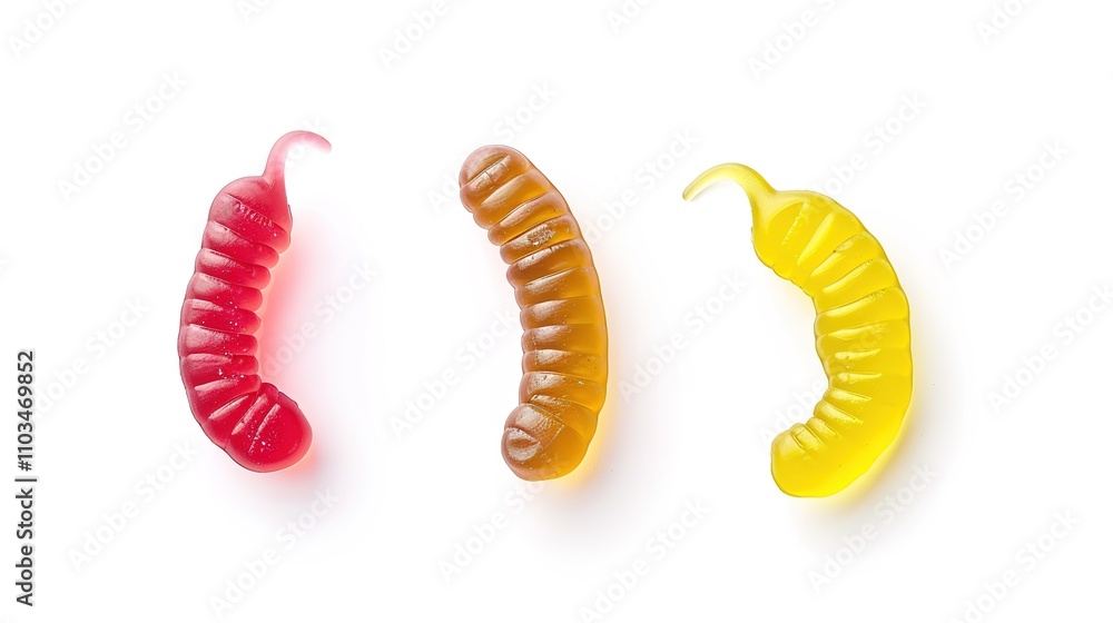 Gummy Worms and Candy on White Background - A Sweet and Colorful Confectionery Display. The Delightful Gummy Worms and Assorted Candies on the Plain White Background, with Their Bright Colors and Temp