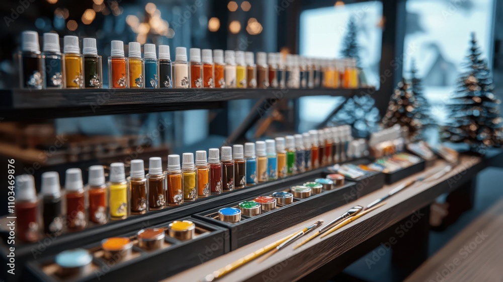 Display of miniature paint tubes at a christmas art supply store frosted winter wonderland creative inspiration Display of miniature paint tubes at a christmas art supply store frosted winter wonderland creative inspiration