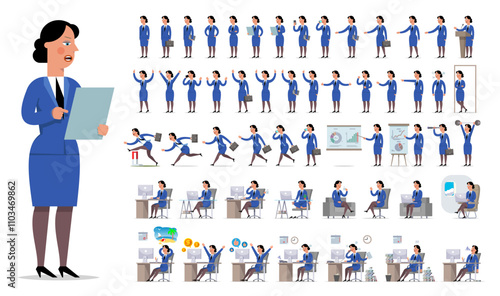 Businesswoman or manager character creation big set. Different views, gestures, emotions.