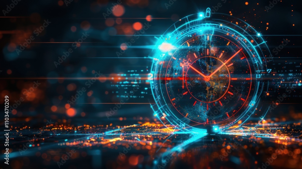 Fototapeta premium A futuristic clock design with glowing elements and data patterns, symbolizing time and technology.