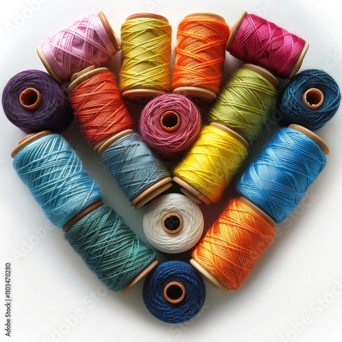 Multi-colored spools of thread placed in a heart shape, soft and textured, on white background.