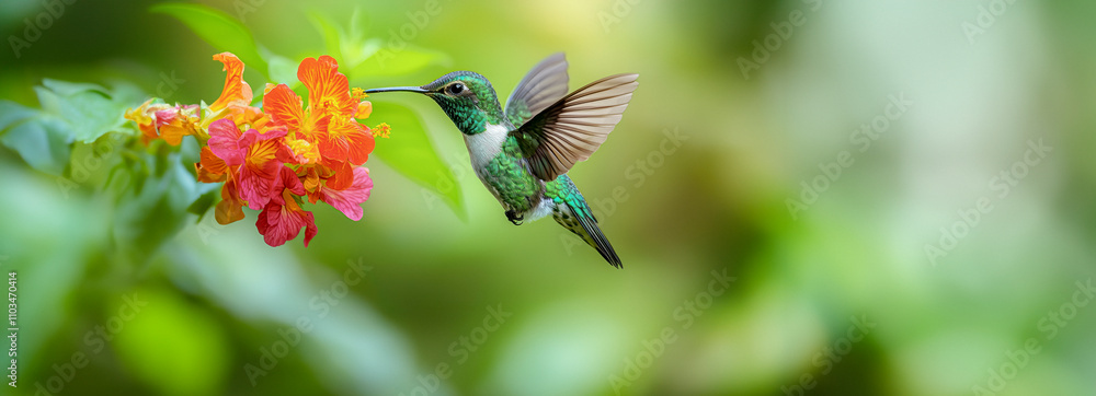 Obraz premium Luminous Close-Up: Hummingbird Pollinating Flower in Gentle Sunlight, Exquisite Macro Photography, Detailed and Vibrant Style