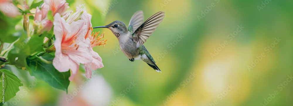 Obraz premium Vivid Macro Capture: Hummingbird Pollinating Flower in Stunning Detail and Colorful Texture