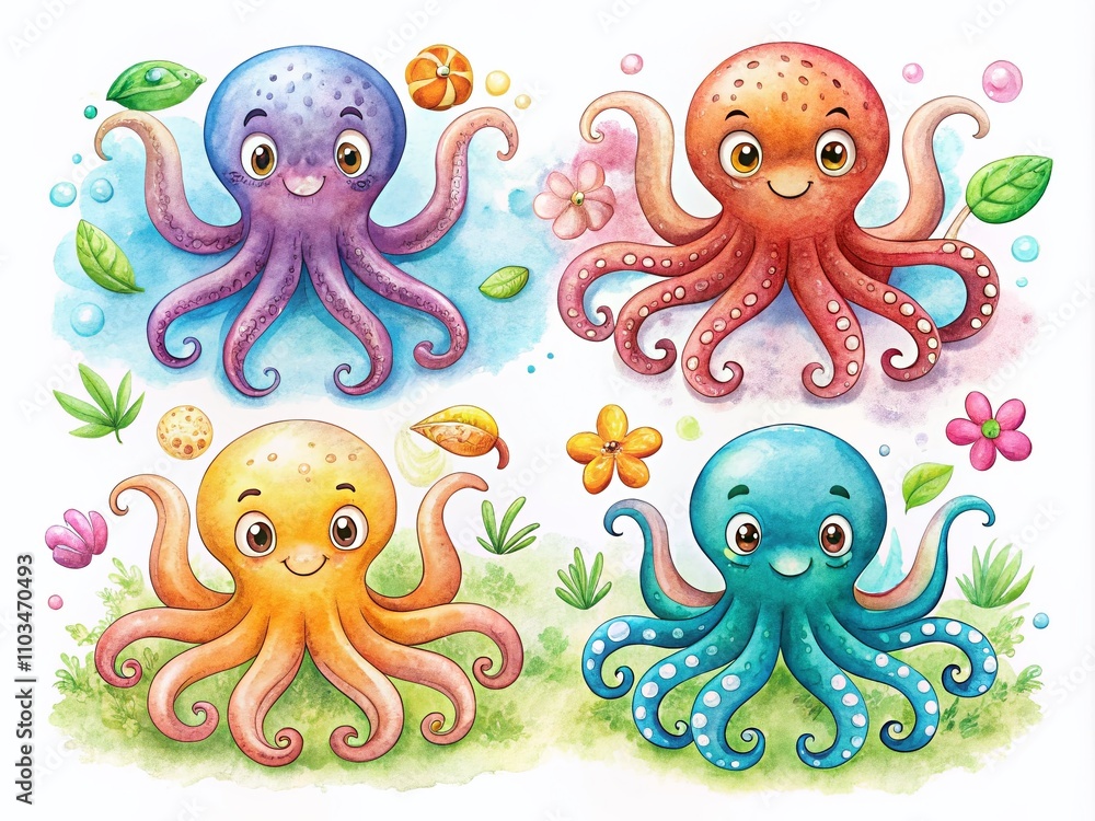 Charming Hand-Drawn Little Octopus Illustrations for Menu Decoration and Card Design, Perfect for Invitations and Unique Art Elements on White Background Charming Hand-Drawn Little Octopus Illustrations for Menu Decoration and Card Design, Perfect for Invitations and Unique Art Elements on White Background