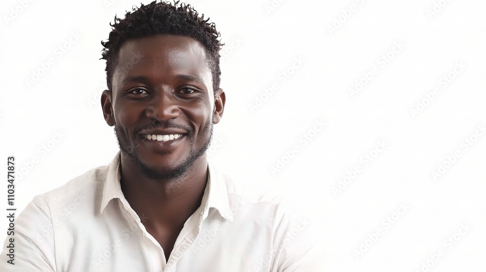 Smiling Young Man with Natural Hairstyle Against White Background Smiling Young Man with Natural Hairstyle Against White Background