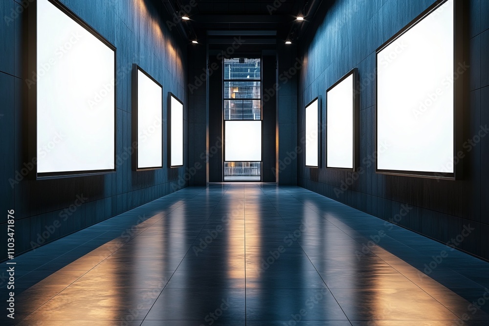 Modern Empty Gallery Corridor with Blank Displays - Industrial Style Exhibition Hall Modern Empty Gallery Corridor with Blank Displays - Industrial Style Exhibition Hall