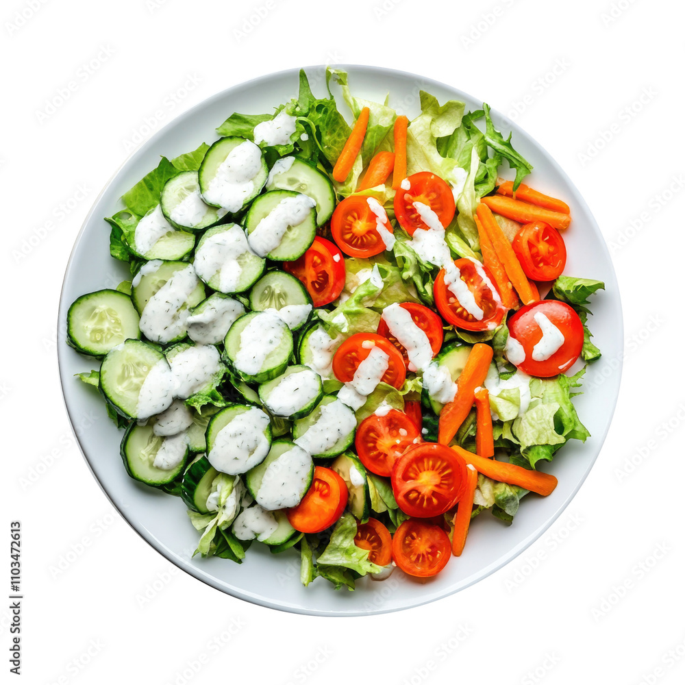 Delicious Garden Salad with Tomatoes, Carrots and Cucumber with Ranch Dressing Isolated on a Transparent Background Delicious Garden Salad with Tomatoes, Carrots and Cucumber with Ranch Dressing Isolated on a Transparent Background