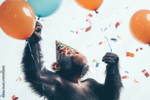 Joyful celebration of a friendly monkey in a party hat with colorful balloons indoor festivity fun and cheerful atmosphere bright and colorful theme photo