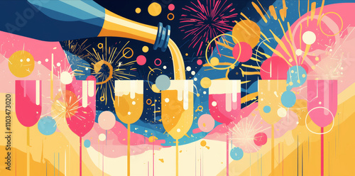 Colorful abstract party background with champagne and cocktails being poured