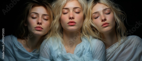 Ethereal Portrait of Three Women with Dreamy Expressions and Soft Light