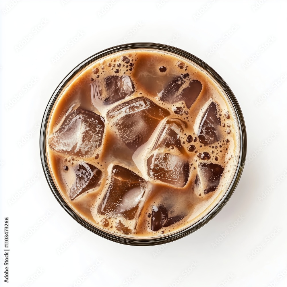 Iced coffee with ice cubes in a glass placed on a white surface during warm weather Iced coffee with ice cubes in a glass placed on a white surface during warm weather
