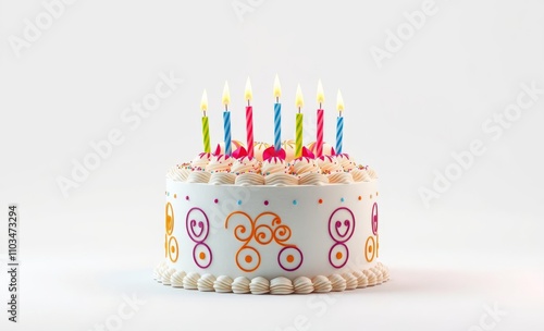 Birthday cake, colorful candles, white frosting, sprinkles, festive decorations, circular patterns, celebratory dessert, vibrant colors, party mood, sweet treat, traditional birthday design, whimsical photo