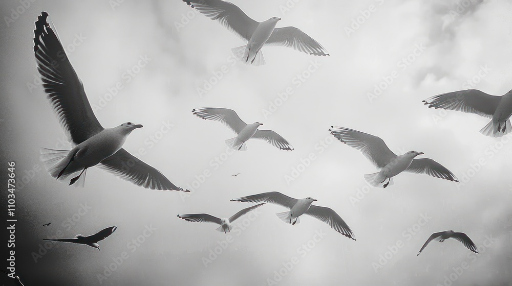 Obraz premium A flock of seagulls soaring through a cloudy sky, creating a sense of freedom and nature.