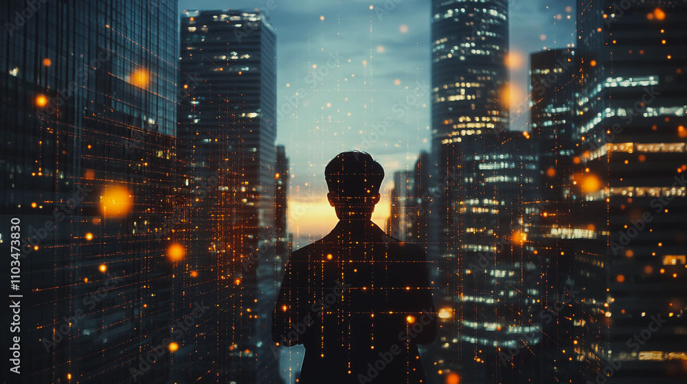 Abstract business man stands on the peak of success amid tall, innovative Smart city and graphs with statistics to analyze business potential and predict future developments in company growth. Abstract business man stands on the peak of success amid tall, innovative Smart city and graphs with statistics to analyze business potential and predict future developments in company growth.