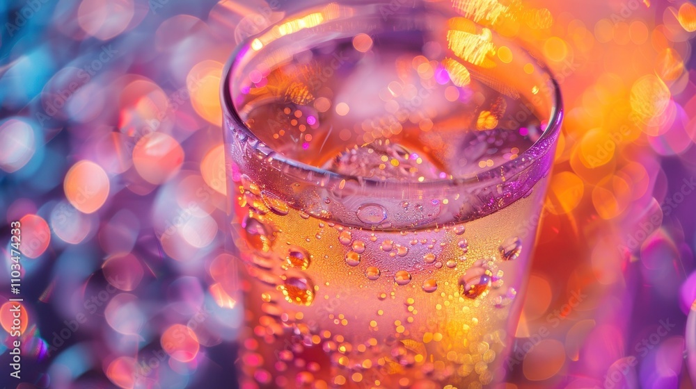 A close-up of a sparkling drink with ice, surrounded by colorful bokeh lights. A close-up of a sparkling drink with ice, surrounded by colorful bokeh lights.