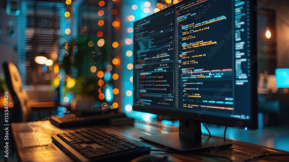 A computer screen displaying code in a modern workspace with ambient lighting. A computer screen displaying code in a modern workspace with ambient lighting.