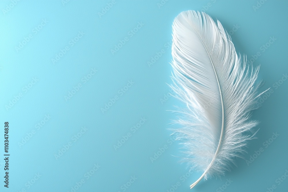 Single white feather is lying on a minimalist pastel blue background with copy space
Single white feather is lying on a minimalist pastel blue background with copy space