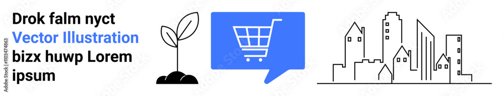 Shopping cart symbol in blue, young plant sprout, urban skyline. Ideal for e-commerce, environmental themes, urban development, online shopping, digital marketing, corporate websites, smart cities Shopping cart symbol in blue, young plant sprout, urban skyline. Ideal for e-commerce, environmental themes, urban development, online shopping, digital marketing, corporate websites, smart cities