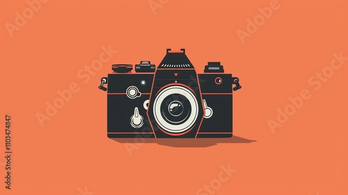 A black and white camera on an orange background.