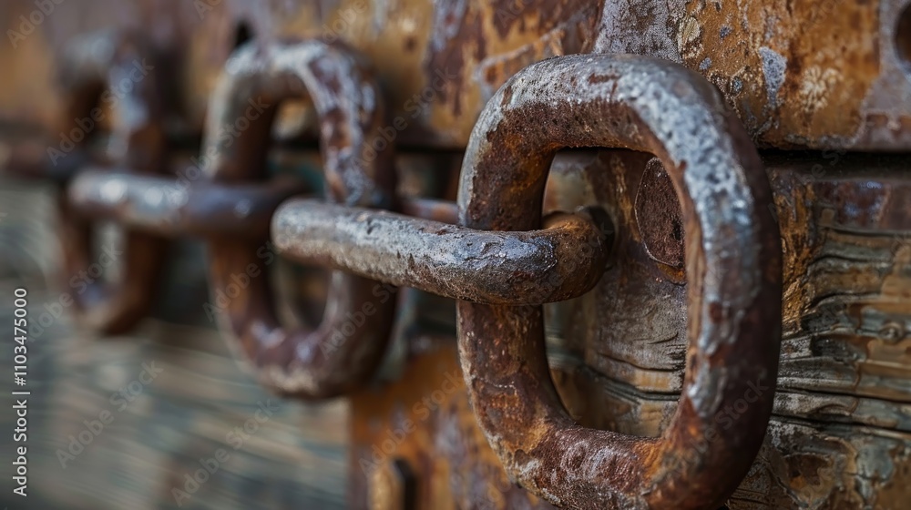 Close-up of a rusty chain link, showcasing weathered metal and texture.