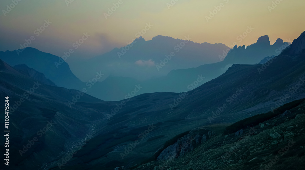 Peaceful evening view of mountains and a hazy landscape from Giau Pass. Peaceful evening view of mountains and a hazy landscape from Giau Pass.