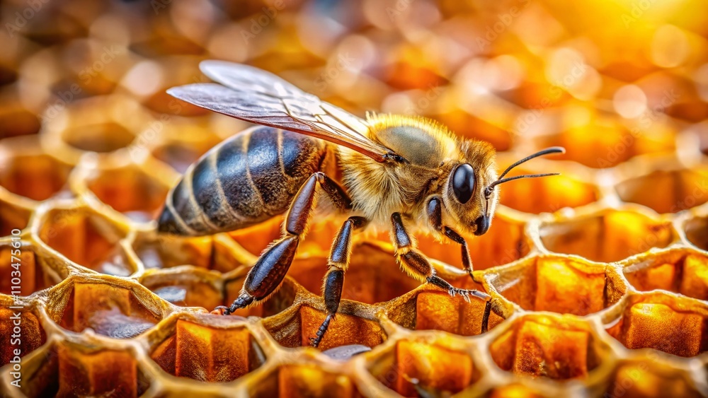 Close-Up Aerial Photography of a Busy Honeybee on a Golden Honeycomb, Highlighting Nature's Intricate Architecture and the Beauty of Pollination