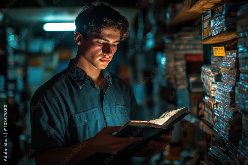 Fototapeta premium Young Man Reading in Dim Office Storeroom