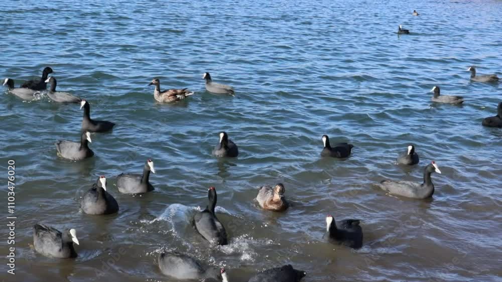 Flock of Red-Knobbed Coots and Ducks Swimming in Rippling Lake Waters with Splashes on a Sunny Day
Flock of Red-Knobbed Coots and Ducks Swimming in Rippling Lake Waters with Splashes on a Sunny Day