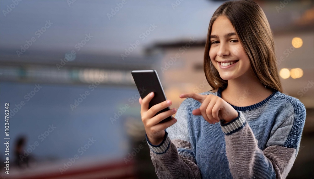 Teenager smiling and using a smartphone, symbolizing youth, technology, and social interaction. Teenager smiling and using a smartphone, symbolizing youth, technology, and social interaction.