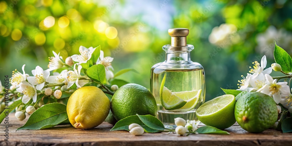 Close-Up Double Exposure of a Tree Branch with Lime, White Flowers, and a Perfume Bottle Filled with Yellow Citrus Extract for Branding Mockup Close-Up Double Exposure of a Tree Branch with Lime, White Flowers, and a Perfume Bottle Filled with Yellow Citrus Extract for Branding Mockup