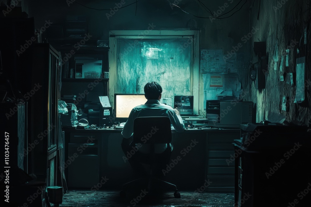 Dimly Lit Office with Focused Individual at Computer Dimly Lit Office with Focused Individual at Computer