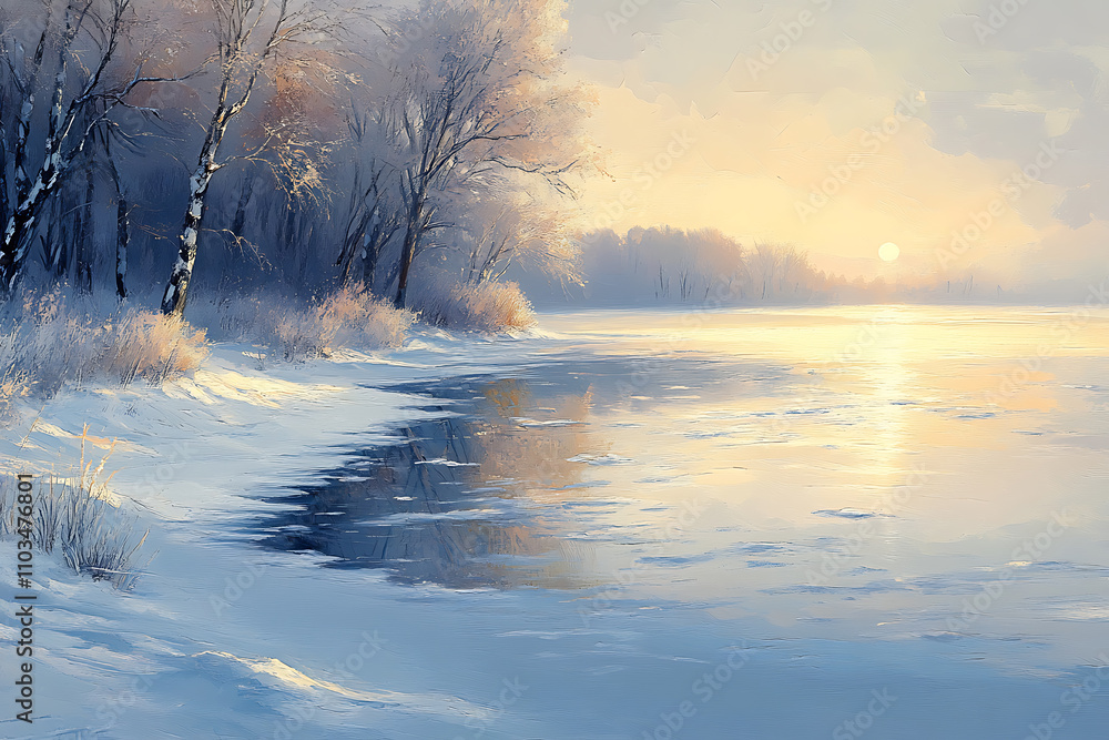 A calm frozen lake framed by a snowy shoreline and distant frost-covered trees, evoking peace and winter serenity A calm frozen lake framed by a snowy shoreline and distant frost-covered trees, evoking peace and winter serenity