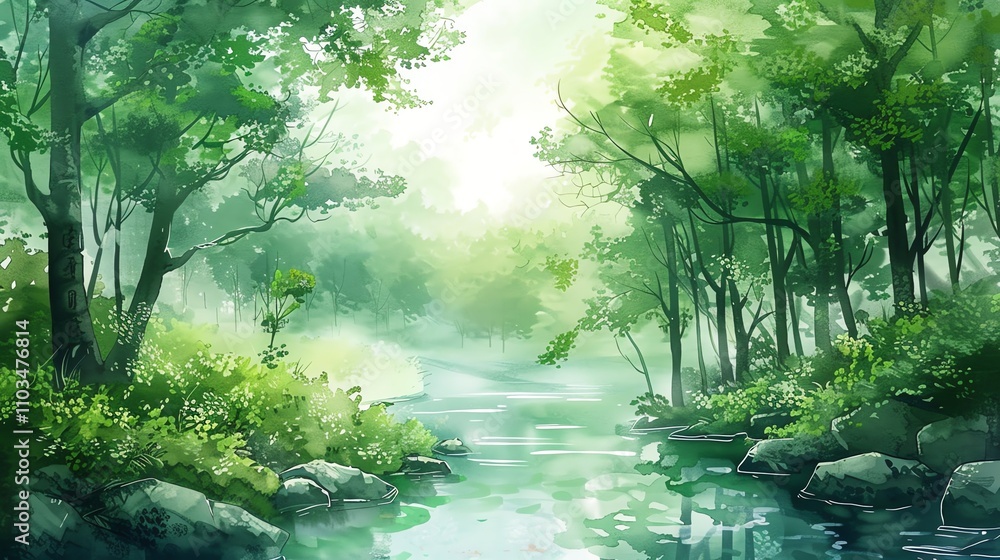 A whimsical forest scene with a river flowing through the center, depicted in a watercolor style. A whimsical forest scene with a river flowing through the center, depicted in a watercolor style.