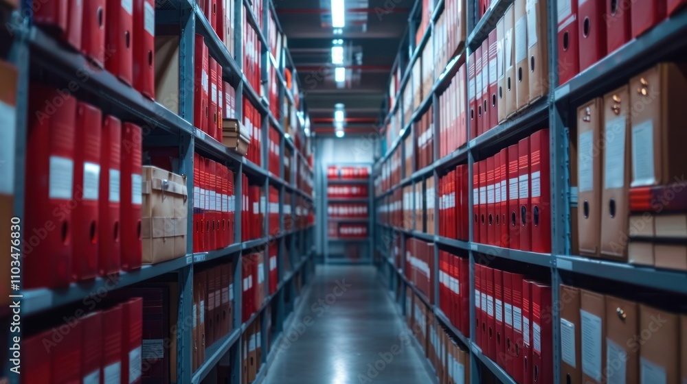 A storage area filled with red file folders organized on metal shelves. A storage area filled with red file folders organized on metal shelves.