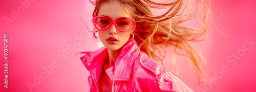 Dynamic Pink Fashionista: Youthful Woman in Trendy Outfit Sprinting Against Vibrant Pink Backdrop photo