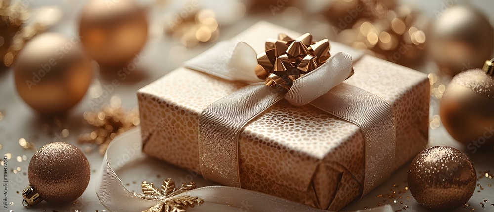 A beautifully wrapped Christmas present with gold ribbon and ornaments. The setting is festive, with a snowflake decoration and golden baubles enhancing the holiday spirit A beautifully wrapped Christmas present with gold ribbon and ornaments. The setting is festive, with a snowflake decoration and golden baubles enhancing the holiday spirit