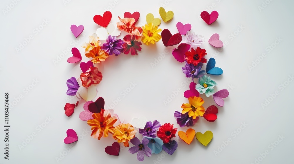 Obraz premium A colorful wreath made of hearts and flowers.