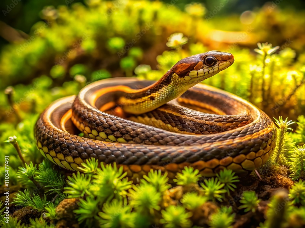 Closeup of a Brown Garter Snake Slithering Through a Lush, Moss-Covered Yard Captured from Above in Stunning Drone Photography Closeup of a Brown Garter Snake Slithering Through a Lush, Moss-Covered Yard Captured from Above in Stunning Drone Photography